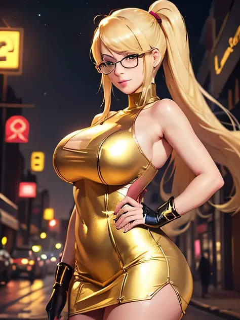 Samus sexy ,  sexy gold dress clothes,  big boobs,  on the street at night,Egyptian pharaoh's clothes, lentes , perfect face,pretty eyes,  smile,gold clothing 