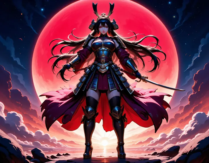 a picture of Japanese female samurai, she has long black hair, wearing samurai armor, armed with a katana, ready for battle, wearing samurai armor, wearing high heels boots, the sun is setting down in the background, she stands on a red moon in space, stra...
