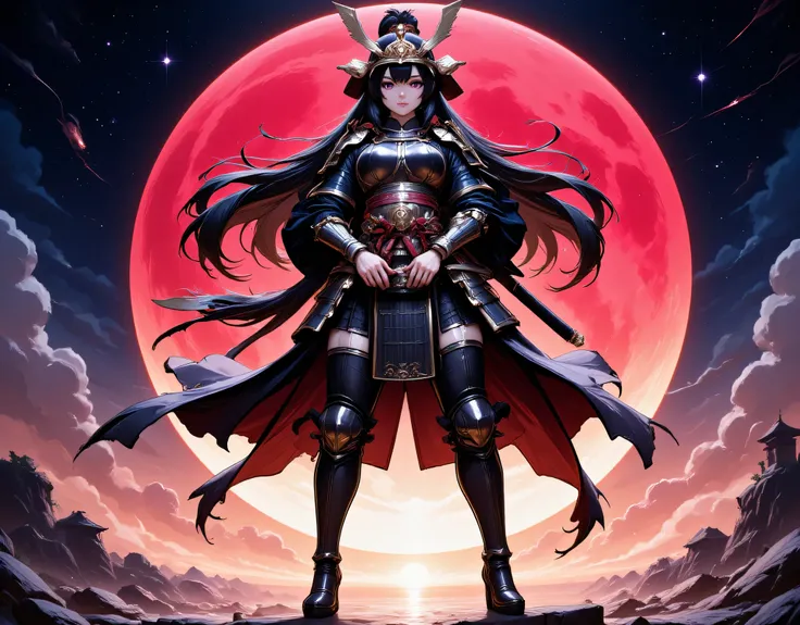 a picture of Japanese female samurai, she has long black hair, wearing samurai armor, armed with a katana, ready for battle, wearing samurai armor, wearing high heels boots, the sun is setting down in the background, she stands on a red moon in space, stra...
