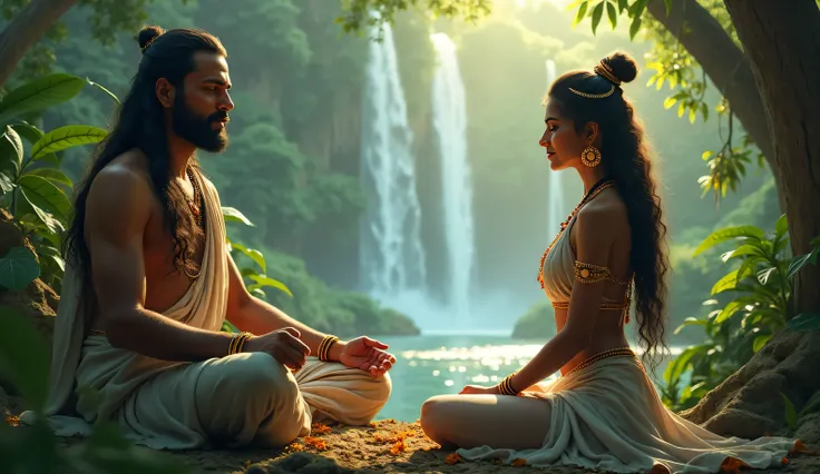 Monk vishwamitra is meditating in the jungle, divine menaka is trying to distract him bye her beauty, but he is still in meditation,same picture, just make the faces quality better(enhance).