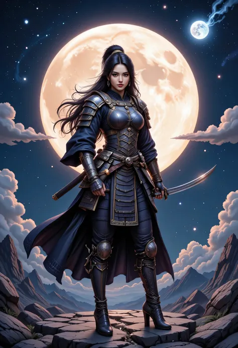 a picture of Japanese female samurai, she has long black hair, wearing samurai armor, armed with a katana, ready for battle, wearing samurai armor, wearing high heels boots, the sun is setting down in the background, she stands on a blue moon in space, str...