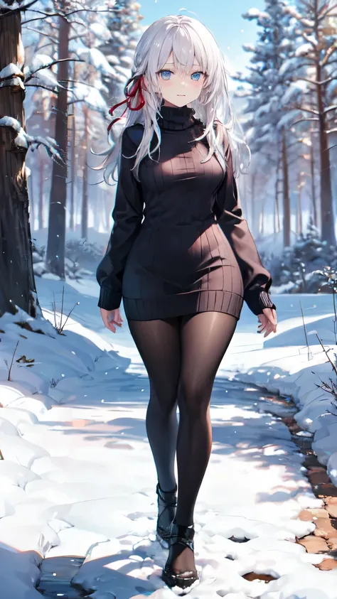 realistic image, detailed image, coherent image, 1 girl, long white hair, light blue eyes, curvy body, medium breasts, Focus soft, Dramatic shadows, Volumetric lighting, natural lighting, Alisa Mikhailovna Kujou, hair intakes, hair ribbon, snowy forest, sw...