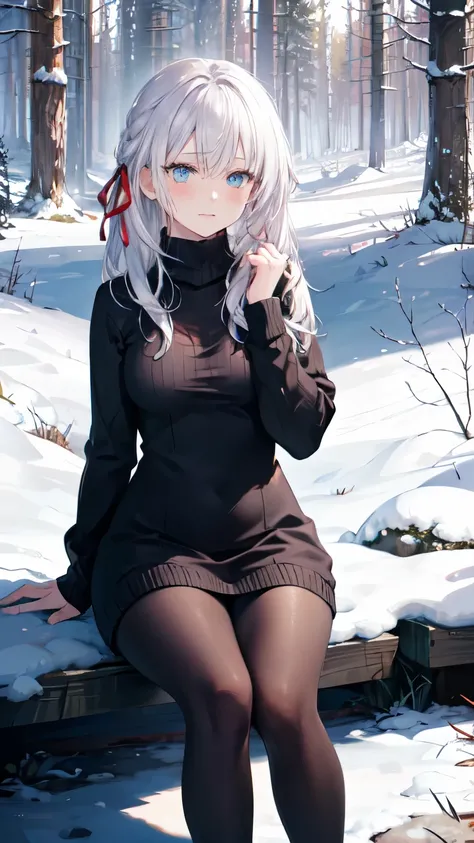 realistic image, detailed image, coherent image, 1 girl, long white hair, light blue eyes, curvy body, medium breasts, Focus soft, Dramatic shadows, Volumetric lighting, natural lighting, Alisa Mikhailovna Kujou, hair intakes, hair ribbon, snowy forest, sw...