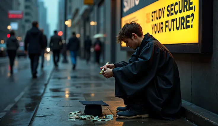 A bird's-eye view of a young man sitting on a cold, wet sidewalk, dressed in a traditional black graduation gown but without a cap on his head. His unkempt hair is exposed, adding to his exhausted and hopeless expression as he looks down at his hands, whic...