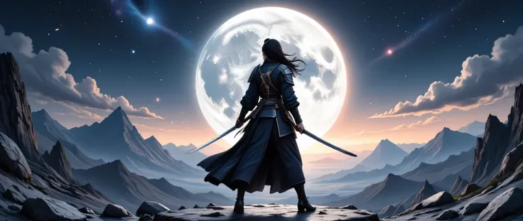 a picture of Japanese female samurai, she has long black hair, wearing samurai armor, armed with a katana, ready for battle, wearing samurai armor, wearing high heels boots, the sun is setting down in the background, she stands on a blue moon in space, ble...