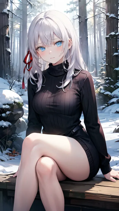 realistic image, detailed image, coherent image, 1 girl, long white hair, light blue eyes, curvy body, medium breasts, Focus soft, Dramatic shadows, Volumetric lighting, natural lighting, Alisa Mikhailovna Kujou, hair intakes, hair ribbon, snowy forest, sw...