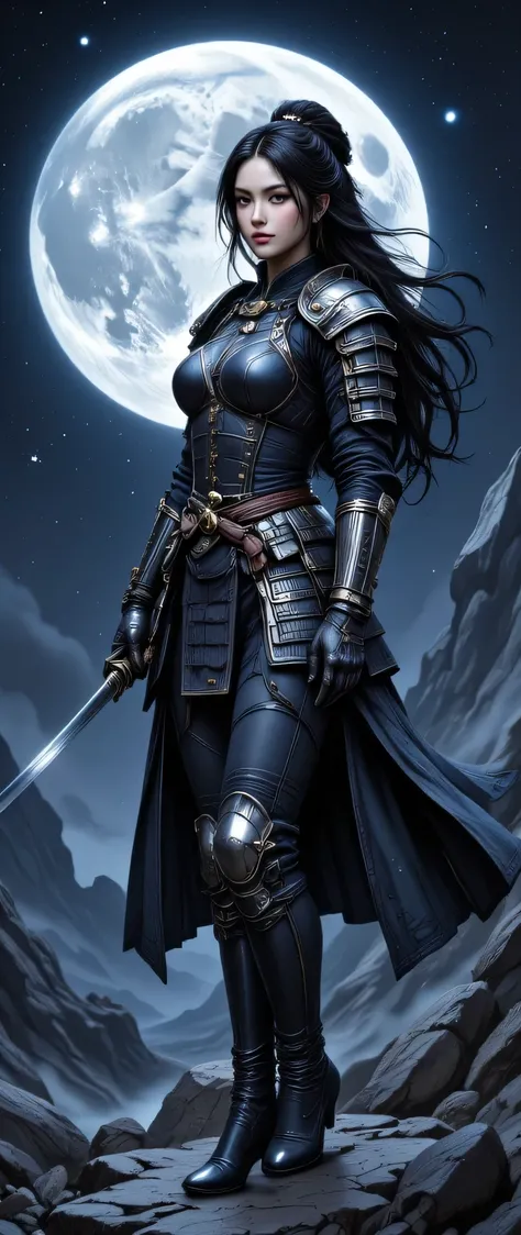 a picture of Japanese female samurai, she has long black hair, wearing samurai armor, armed with a katana, ready for battle, wearing samurai armor, wearing high heels boots, the sun is setting down in the background, she stands on a blue moon in space, ble...