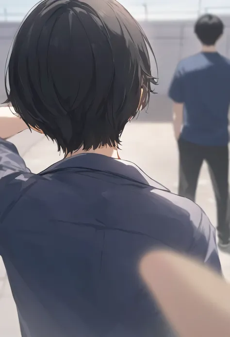  male middle school student、 black hair、 short hair、back of head、 point of view