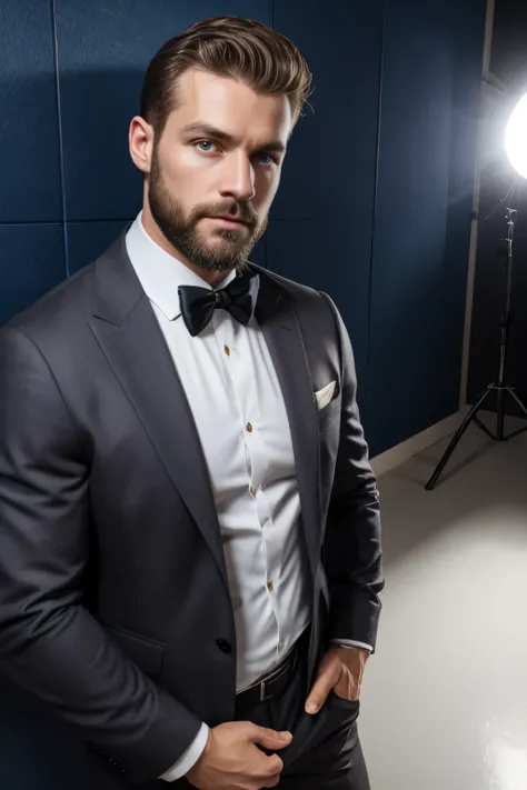 sexy male with brown short hair, 30 years, pretty, elegant, in a suit, CEO, looking at the viewer, full body, beautiful face, attractive face, model face, male face, detailed eyes, light eyes, muscle body, beard, extremely detailed face, hyper detailed, re...