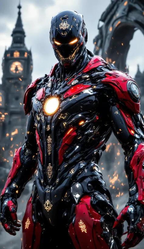 "A highly detailed and hyper-realistic depiction of Iron Man reimagined as the embodiment of the United Kingdom, standing in a powerful and heroic stance. The suit is a seamless fusion of futuristic metallic armor and British cultural identity, symbolizing...