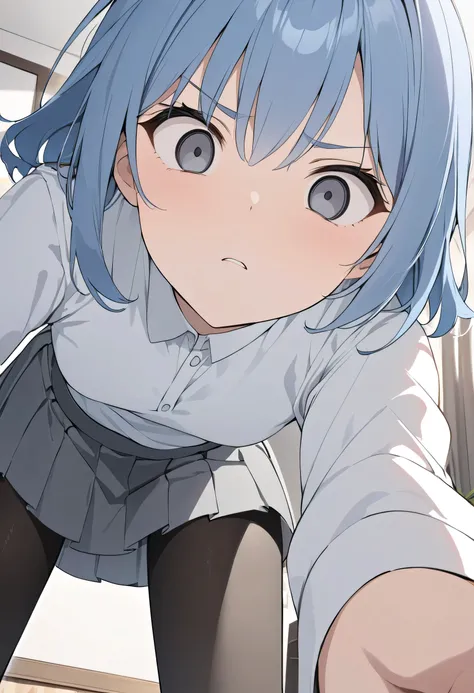  Masterpiece,  top quality,  Hi-Res ,  Shortcut、 blue hair、 boyish、bluish grey eyes 、 Empty Eyes、Small eyes、 white long-sleeved blouse 、 grey pleated skirt、 black pantyhose、stand、Disgust、intellectual、Calm、 living room 、 point of view、 close-up、 low angle