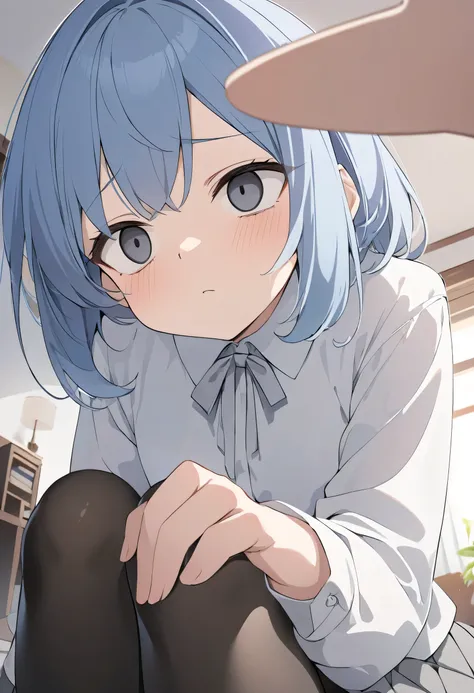  Masterpiece,  top quality,  Hi-Res ,  Shortcut、 blue hair、 boyish、bluish grey eyes 、 Empty Eyes、Small eyes、 white long-sleeved blouse 、 grey pleated skirt、 black pantyhose、stand、Disgust、intellectual、Calm、 living room 、 point of view、 close-up、 low angle