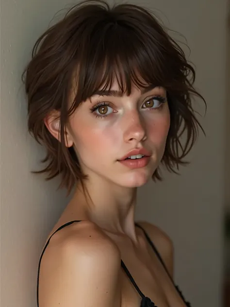  Create a girl of approximately 28 years old , roasted fine,  Clear skin, short hair with a fringe on each side, sexy and attractive body ,  brown hair,  Lips slightly apart,  high resolution,  light brown eyes