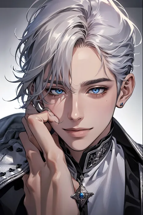 ( realistic:1.37,  of the best quality, 4K, 8k,  ultra high definition,  masterpiece:1.2)  very detailed,  5 Fingers , Accurate eyes, young, 1 male,  silver hair,  has short hair ,  blue eyes,  wolf ear,  smiley face, Middle Ages, holding a chocolate