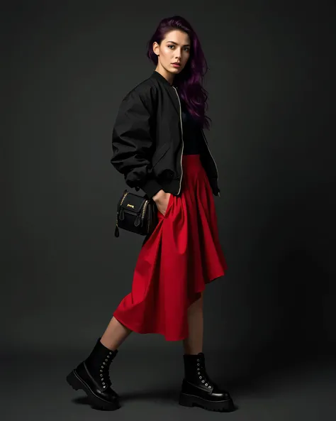 A stunning beautiful woman 8K HD fashion-forward model standing in a full-body portrait with a confident yet relaxed pose. She is wearing a black bomber jacket with a subtle design, paired with a red asymmetrical skirt that is slightly higher in the front,...