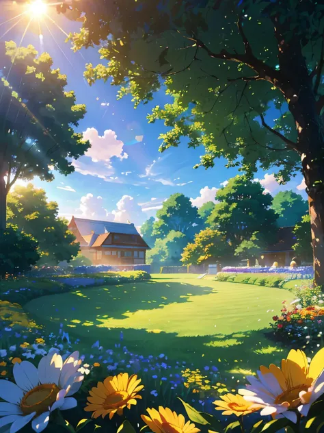  White soft clouds floating in the blue sky，Warm colors reflecting the sun，Above the garden is a lush green pasture, The scene is peaceful, Colorful flowers,Sunlight shines through the dense tree canopy, Casting warm natural heat,  sommer, Reality, High-qu...