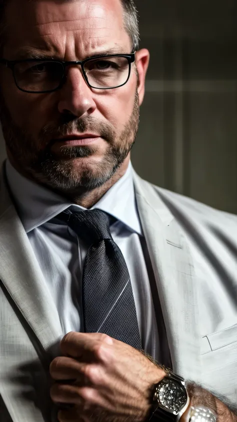 An award-winning original photo，A muscular man, (40 years old daddy:1.1), 1boy, Solo, (black suit), (white dress shirt), (black print necktie), (big shoulders), musculature, dad bod, stubbles, Short beard, (Detailed body), realistic eyes, wearing glasses, ...