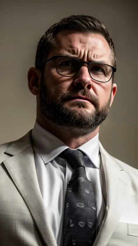 An award-winning original photo，A wild muscular man, (40 years old daddy:1.1), 1boy, Solo, (black suit), (white dress shirt), (black print necktie), (big shoulders), musculature, stubbles, Short beard, (Detailed body), realistic eyes, wearing glasses, dead...