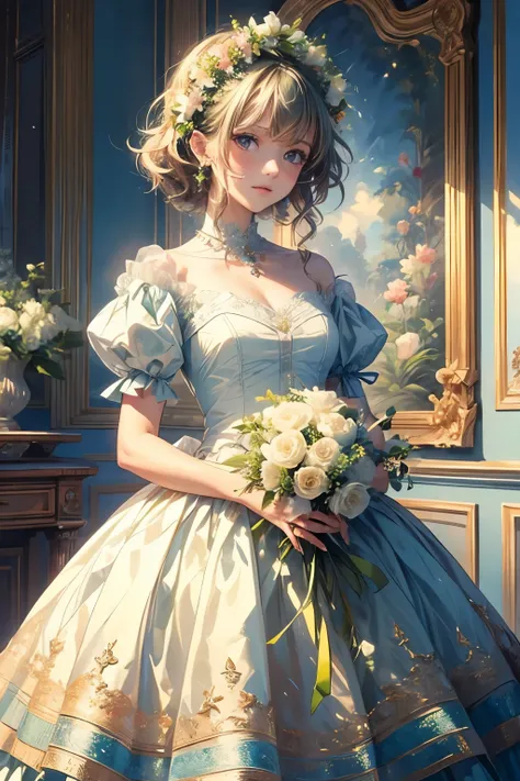 (( top quality)), (( masterpiece)), (Get used to it),  perfect face ,  beautiful girl ,  princess , green , bouquet ,