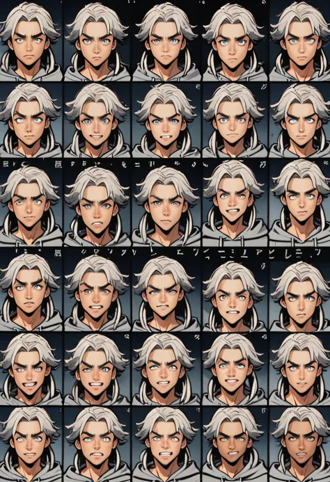 a young mixed race man with dread locks, dressed in a gray hooded sweatshirt, baggy pants and sneakers.,  9grids,  9 emotion packs,  9 poses and expressions,  anime style,  h, different emotions,  8k 