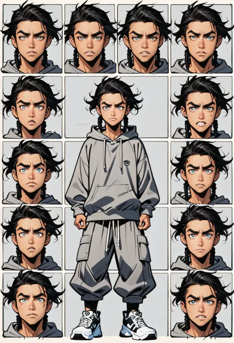 a young mixed race man with dread locks, dressed in a gray hooded sweatshirt, baggy pants and sneakers.,  9grids,  9 emotion packs,  9 poses and expressions,  anime style,  h, different emotions,  8k 