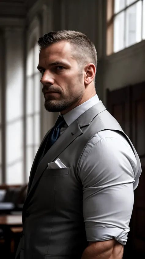 A White House special police officer, whose upper body is naked, shows a strong sense of strength with his developed pectoral muscles. The chest is covered with thick chest hair, adding a little wild temperament. His expression was serious and cold, and hi...