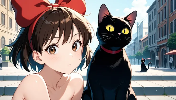 1 black cat, the city (MaJo no takkyuubin ), masterpiece,best quality,amazing quality、Cat close up、Focus on girls、Semi-nude