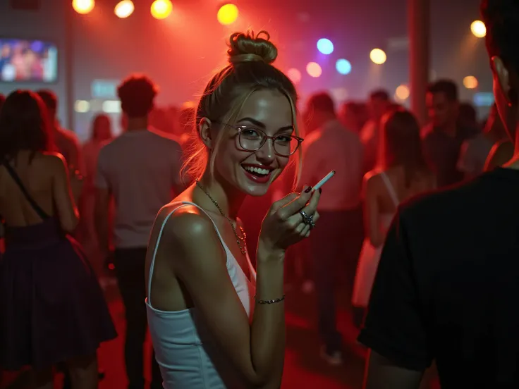 Cute smiling german  18 years old dancig sexy thin girl bun hair, glasses, perfect strong make up,  hold hot very smoking cigarette in hands, a lot of smoke in the air, with small extra shaggy tits fully covered by clolthes, perfect legs, high heels, compl...