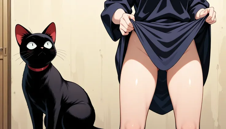 1 black cat, jiji (majo no takkyuubin), masterpiece,best quality,amazing quality,セミヌード、