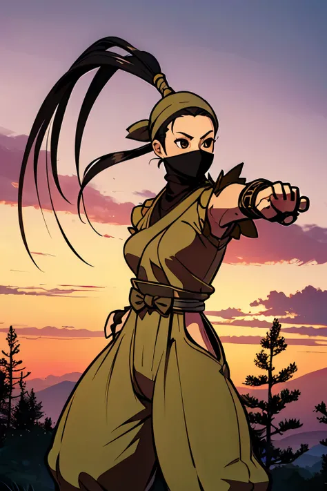 Ibuki, brown eyes,  black hair, ponytail, Ninja, mouse mask ,  is standing,whole,  outdoor,dawn, ( insanely detailed,  masterpiece,  top quality) Alone, fighting pose ,