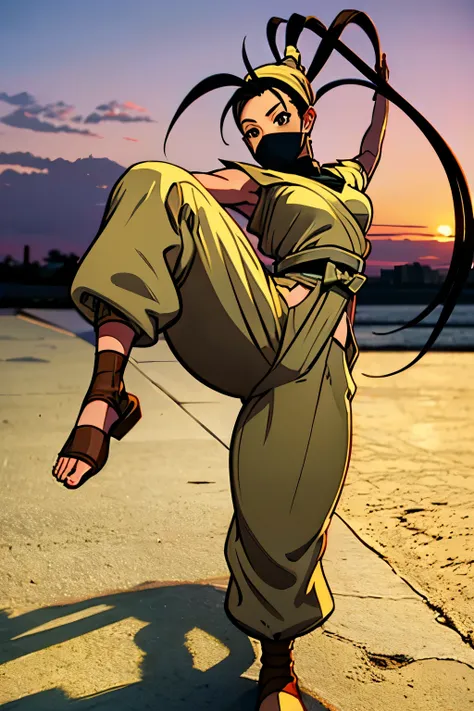 Ibuki, brown eyes,  black hair, ponytail, Ninja, mouse mask ,  is standing,whole,  outdoor,dawn, ( insanely detailed,  masterpiece,  top quality) Alone, is doing a high kick,