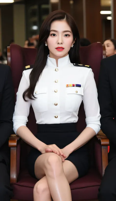  A woman, sitting on a chair ,  body and front facing legs, use a strict military uniform of white color, using a tight skirt of black color,  red lips,  big boobs