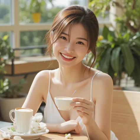 A charming 20-something cute super sexy Japanese person enjoying a relaxing time at a stylish terrace café, with a warm and radiant smile. They are dressed fashionably in warm colors such as soft white, wearing a revealing yet elegant outfit that highlight...