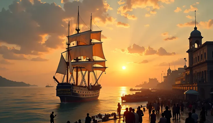 In 1823, the scene of a ship beginning its long journey from India to London. The port, likely in a place such as Bombay now Mumbai.
The ship itself would have been a large sailing vessel, likely a British merchant ship or East India Company ship, with thr...