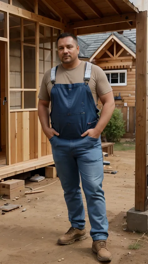 Male builder 45 years old normal appearance slightly overweight in construction overalls. Standing in front of a wooden house