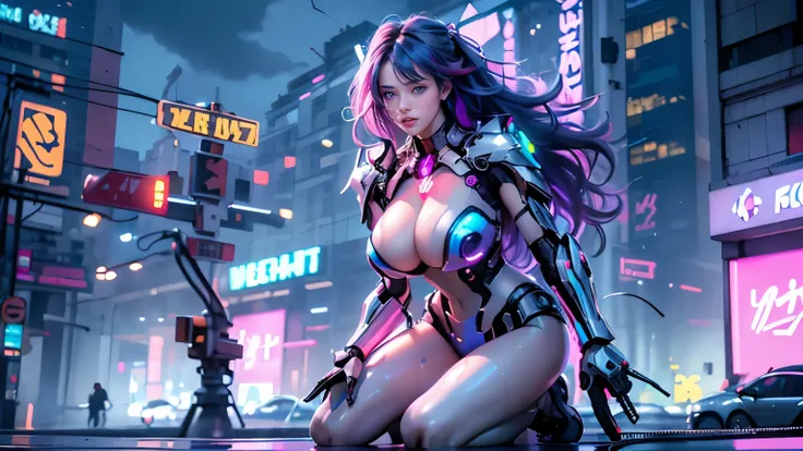  masterpiece,  better quality,  1girl , ives, Mecha,  beautiful lighting, (Neon light: 1.2), (night: 1.5), " masterpiece,  better quality, 1 girl,  full length portrait,  pose sexy,  blue eyes, multicolored hair +Talk:1.3+ red:1.2+purple+yellow:1.3+green:1...