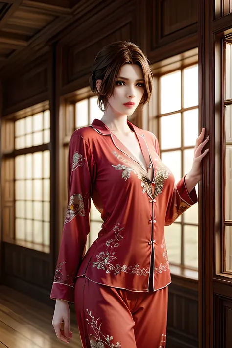 Elegant woman with brown hair, wearing a luxurious red silk pyjamas adorned with golden floral and bird embroidery, standing gracefully in a softly lit indoor setting. Her makeup is refined, featuring bold red lips and dark eyeliner. The background consist...