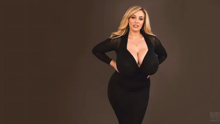 Perfect busty 40-year-old, blonde, slim build, in a black blouse with a deep neckline and black high heels.She exposing her curves 