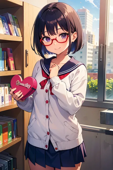 Elementary school student, , toddler, flat chest　 short bob 　  purple eyes 　Glasses　smile（（One person）） Upper Body White Long Sleeve Sailor Suit　 Light brown cardigan 　  lower body navy blue mini skirt 　  white panties　（（ I can see my panties ）　 school lib...