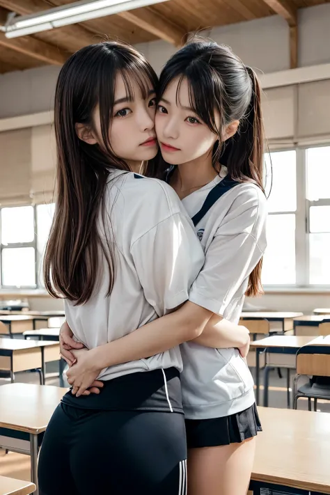 (Two female students),In the classroom at sunset、制服姿のlikeい( Japanese female students in uniform are hugging each other),   dramatic lights , Cinematic composition,  vibrant colors,  romantic atmosphere, like々Shii, bid,  soft focus, delicate, Intimate,  Mas...