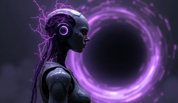 a profile view of a humanoid robot. purple wires and neuro electricity flowing from back of head. dark black hole background