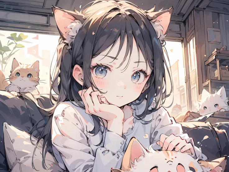 ((best quality)), ((masterpiece)), (detailed), perfect face, textured skin, ((super detail)), A girl surrounded by cats, Sitting on the sofa