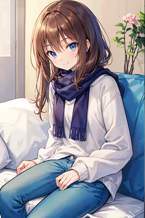 Bell, Anime,  brown hair,  Tiny Breasts ,  enchanting gray-blue eyes shine like stars,  Thin Smile ,  jeans,  scarf,  grey sweatshirt,  blue pants,  Sitting,  Sitting cross-legged, Inside the smart home,  Sitting on the couch, Asada Shino&#39;s face, Anime...