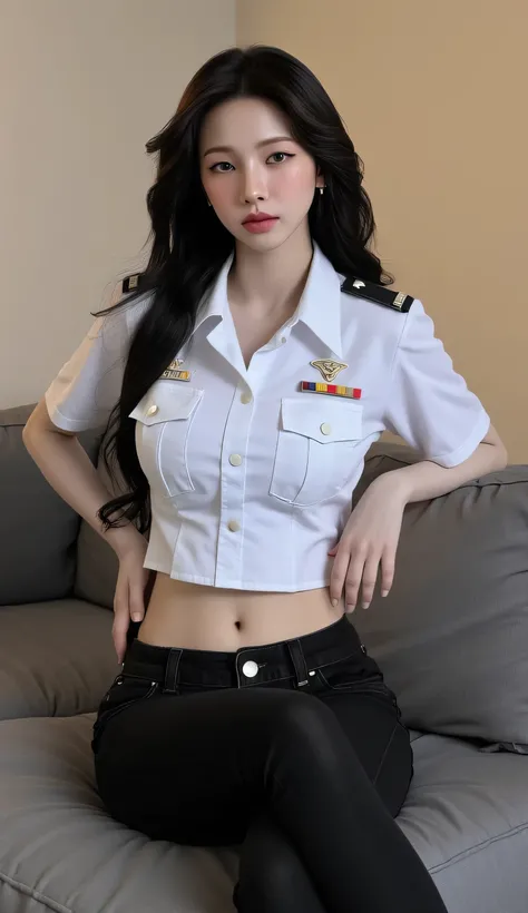  A woman,  sitting leaning on the couch, the body and legs are aligned facing the front,  face looking at camera , use a strict military uniform of white color, using tight denim pants in black,  big boobs