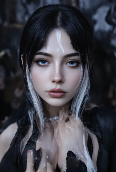 create a gothic model with black hair and a white streak in her hair