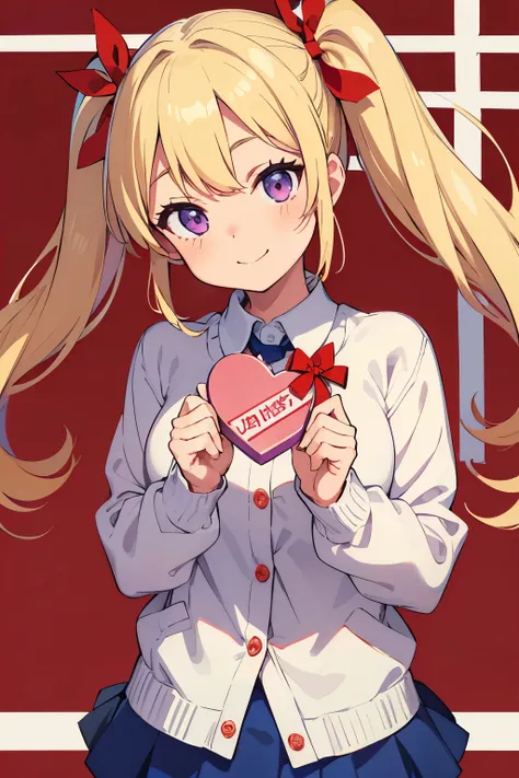 （（（（I'm holding a box with a red ribbon with both hands and holding it here））））　Holding a heart-shaped Valentine's Day chocolate小学生の 14歳 ギャル　  A Cup Breasts　 blonde twin tail　 twin tails with bows 　  purple eyes 　smile（（One person））Upper body white long sl...