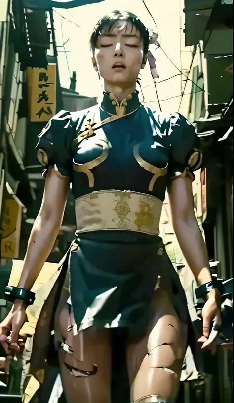 I lost a battle with a strong enemy , I was grabbed by an enemy from behind 、 are hanging in the air , body that doesn't move, A Body Floating in the Air , expression of pain, eye closed , pelvic curtainが横にずれてレオタードが見えている Bru...