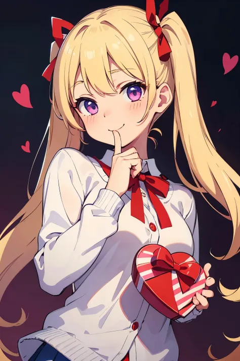 （（（（I'm holding a box with a red ribbon with both hands and holding it here））））　Holding a heart-shaped Valentine's Day chocolate小学生の 14歳 ギャル　  A Cup Breasts　 blonde twin tail　 twin tails with bows 　  purple eyes 　smile（（One person））Upper body white long sl...