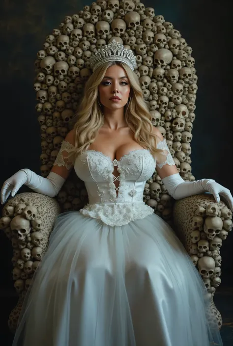 This is a highly detailed, high-resolution photograph featuring a sexy evil witch seated on a grand, ornate throne. She is dressed in a lavish, white, long-sleeved, corset-style gown with intricate lace detailing. The corset accentuates her ample cleavage,...