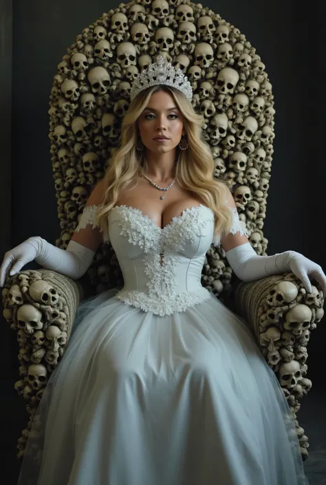 This is a highly detailed, high-resolution photograph featuring a sexy evil witch seated on a grand, ornate throne. She is dressed in a lavish, white, long-sleeved, corset-style gown with intricate lace detailing. The corset accentuates her ample cleavage,...